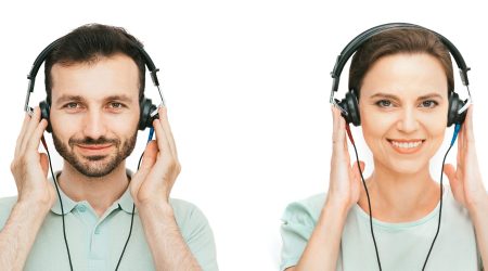 Hearing,Test,,Audiometry.,Man,And,Woman,Wearing,Headphones,Getting,Hearing